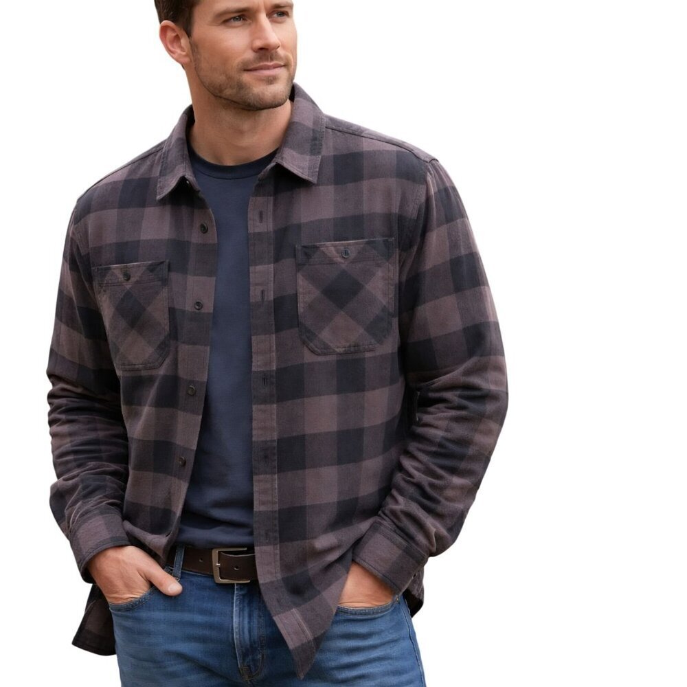 Beardedgoat Ozark Utility Flannel Shirt Plaid Dark Gray & Black Size XL